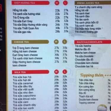 Thực đơn- Cafe Điệp Hương Milk Tea - Trần Phú