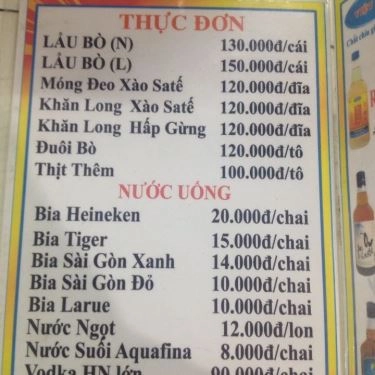 Thực đơn- Quán Ăn Quán Lẩu Bò 6 Bảnh