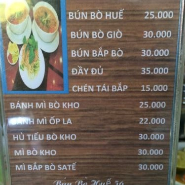 Thực đơn- Quán Ăn Bún Bò Huế 56 - Trần Thị Nghĩ