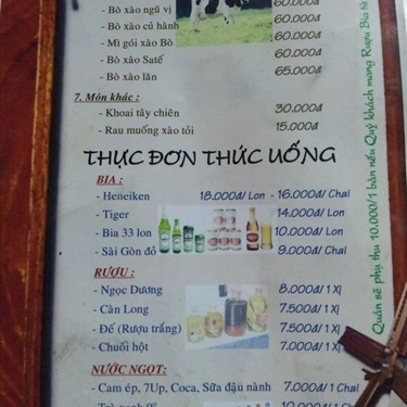 Thực đơn- Quán Ăn Tuyết Anh - Bê 7 Món
