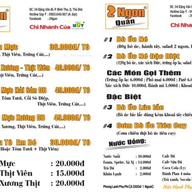 Thực đơn- Quán Ăn 2Ngon Quán - Đặng Văn Bi