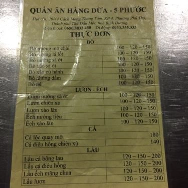 Thực đơn- Quán Ăn 5 Phước - Bò Nướng Hàng Dừa