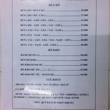 Thực đơn- Quán Ăn Bún Bò 63