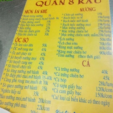 Thực đơn- Quán Ăn 8 Râu - Bạch Tuộc Nướng