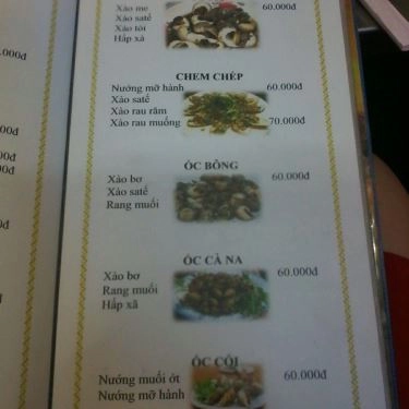 Thực đơn- Quán Ăn Quán Ốc A Sòi - Nguyễn Thượng Hiền