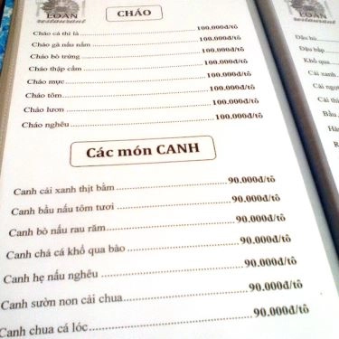 Thực đơn- Quán Ăn Quán Loan - Ăn Bình Dân