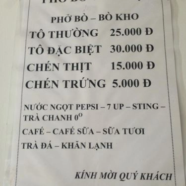 Thực đơn- Quán Ăn Vĩnh Lợi - Phở Bò, Bò Kho