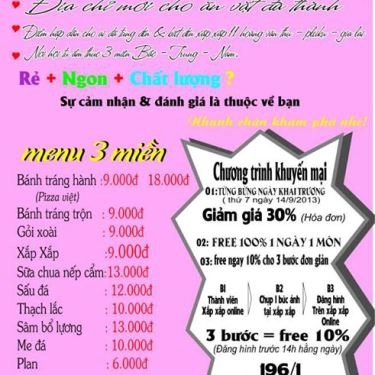Thực đơn- Quán Ăn Xắp Xắp Quán
