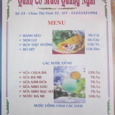 Thực đơn- Quán Ăn Cô Mười - Bánh Xèo - Nem Lụi & Bún Thịt Nướng