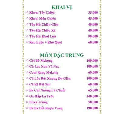 Thực đơn- Nhà Hàng Mekong Food Garden - Đường A2