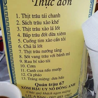 Thực đơn- Quán Ăn Trâu 67 - Đặc Sản Trâu
