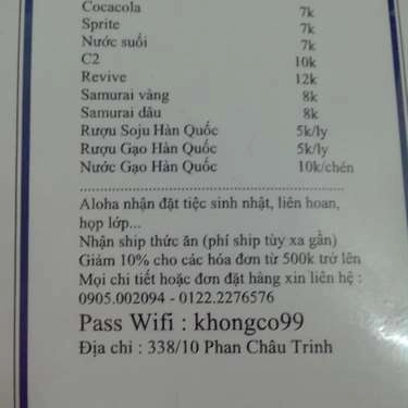 Thực đơn- Quán Ăn Aloha - Ẩm Thực Hàn Quốc