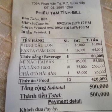 Thực đơn- Quán Ăn Ẩm Thực 709 - Hải Sản Tươi Sống