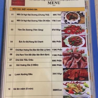 Thực đơn- Quán Ăn Ẩm Thực Hoàng Gia - Hải Sản Thiên Nhiên Tươi Sống