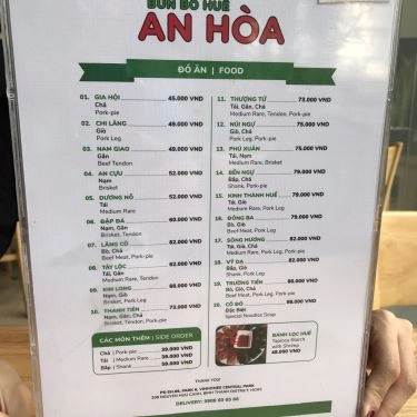 Thực đơn- Quán Ăn An Hòa - Bún Bò Huế - Nguyễn Hữu Cảnh