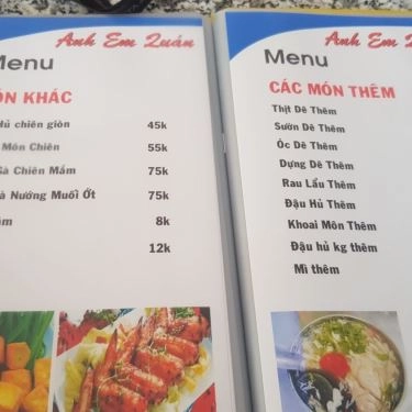 Thực đơn- Quán Ăn Anh Em Quán - Quán Nhậu Bình Dân