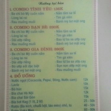 Thực đơn- Quán Ăn Anh Em Quán - Lẩu & Nướng - Phố Trạm