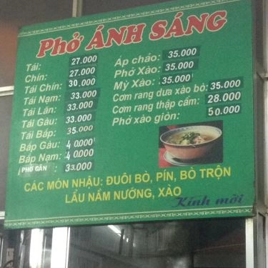 Thực đơn- Quán Ăn Ánh Sáng - Phở & Cơm Rang