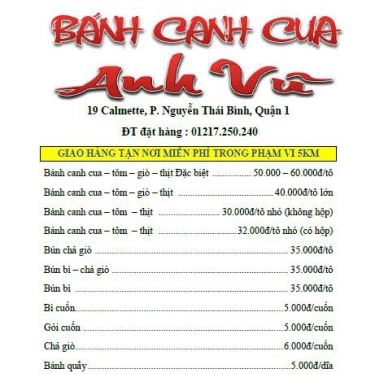 Thực đơn- Quán Ăn Anh Vũ - Bánh Canh Cua