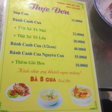 Thực đơn- Quán Ăn Bà 5 Cua