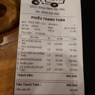 Thực đơn- Quán Ăn Ba Gác - Nướng & Bia - Song Hành