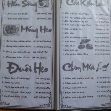 Thực đơn- Quán Ăn Ba Hồ Quán - Câu Cá Giải Trí & Các Món Đồng Quê