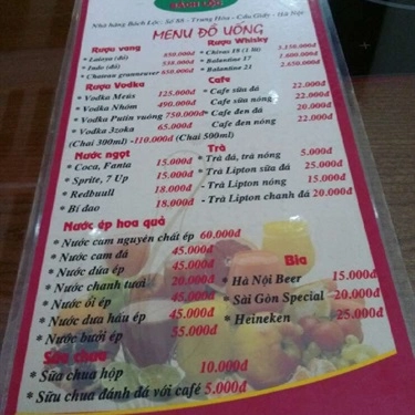 Thực đơn- Quán Ăn Bách Lộc - Phở Gà Ta - Trung Hòa