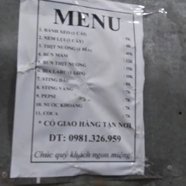 Thực đơn- Quán Ăn Bánh Bèo, Nem Lụi, Bún Thịt Nướng