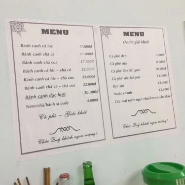 Thực đơn- Quán Ăn Bé Huế - Bánh Canh Cá Lóc & Chả Cua