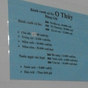 Thực đơn- Quán Ăn O Thủy - Bánh Canh Cá Lóc