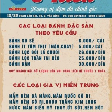 Thực đơn- Quán Ăn O Hiền - Bánh Canh Cá Lóc Diên Sanh