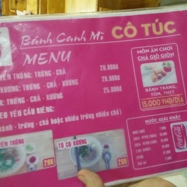 Thực đơn- Quán Ăn Cô Túc - Bánh Canh & Mì - Lê Đức Thọ
