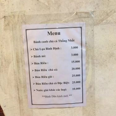 Thực đơn- Quán Ăn Bánh Canh Thống Nhất