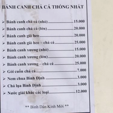 Thực đơn- Quán Ăn Bánh Canh Thống Nhất