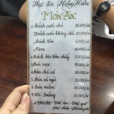 Thực đơn- Quán Ăn Bánh Cuốn Hồng Hiên - Kỳ Đồng