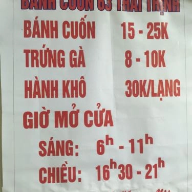 Thực đơn- Quán Ăn Bánh Cuốn Nóng - Ngõ 63 Thái Thịnh