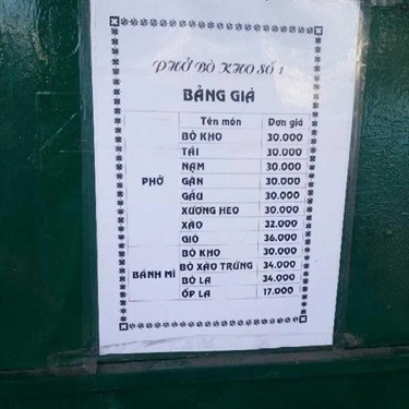 Thực đơn- Quán Ăn Bánh Mì Bò Kho Số 1