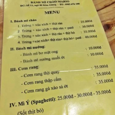 Thực đơn- Quán Ăn Bánh Mì Chảo Mario - Kim Giang