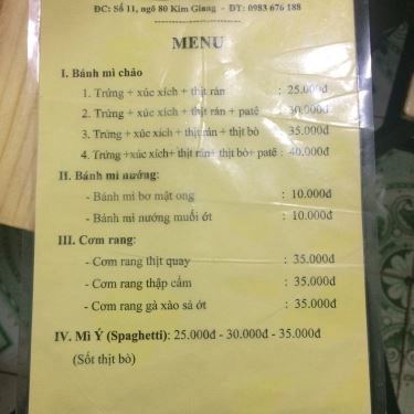 Thực đơn- Quán Ăn Bánh Mì Chảo Mario - Kim Giang