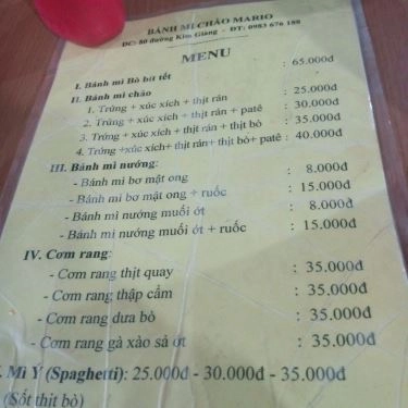 Thực đơn- Quán Ăn Bánh Mì Chảo Mario - Kim Giang