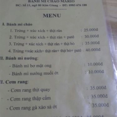 Thực đơn- Quán Ăn Bánh Mì Chảo Mario - Kim Giang