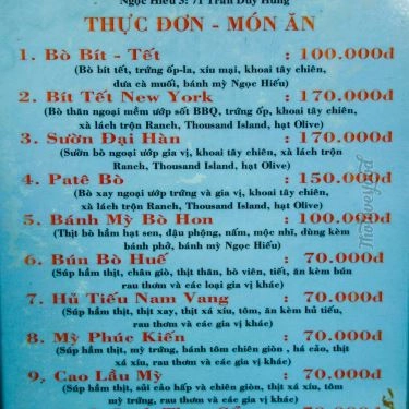 Thực đơn- Quán Ăn Bánh Mì Huế Ngọc Hiếu - Hòa Mã