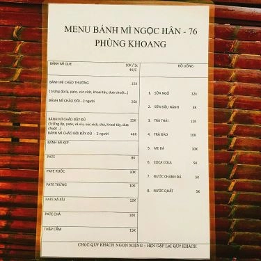 Thực đơn- Quán Ăn Ngọc Hân - Bánh Mì Chảo