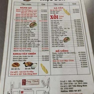 Thực đơn- Quán Ăn Trung Thành - Bít Tết & Bánh Mì Chảo - Tô Hiệu