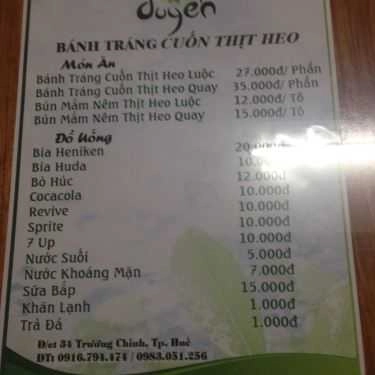 Thực đơn- Quán Ăn Duyên Quán - Bánh Tráng Cuốn Thịt Heo