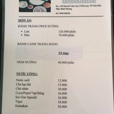 Thực đơn- Quán Ăn Tư Trinh - Bánh Tráng Trảng Bàng