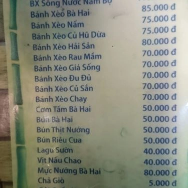 Thực đơn- Quán Ăn Bánh Xèo Bà Hai Phú Nhuận