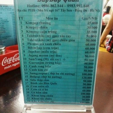 Thực đơn- Quán Ăn BapBap Quán - Đồ Ăn Hàn Quốc