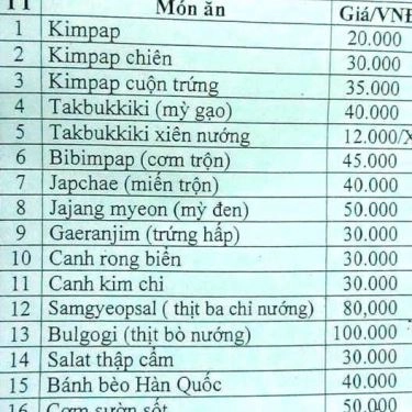 Thực đơn- Quán Ăn BapBap Quán - Đồ Ăn Hàn Quốc