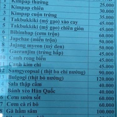 Thực đơn- Quán Ăn BapBap Quán - Đồ Ăn Hàn Quốc